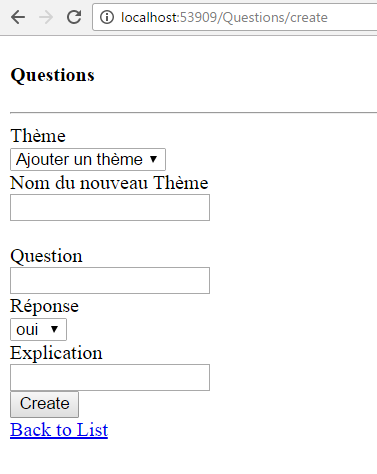 Page de création des questions